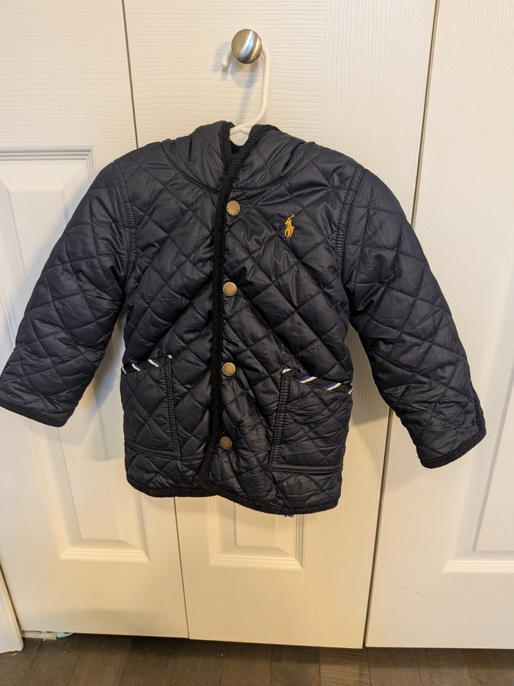 Ralph Lauren Navy Quilted Hooded Kids Puffer with Gold Pony